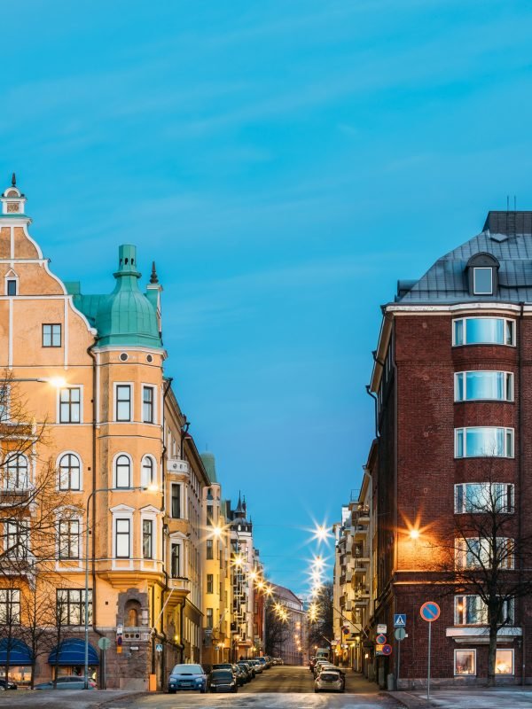 Helsinki, Finland. Residential House Building At Intersection Of