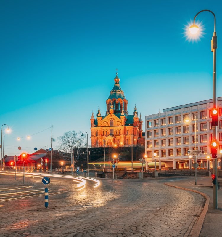 Helsinki, Finland. Uspenski Cathedral In Evening Night Illuminations